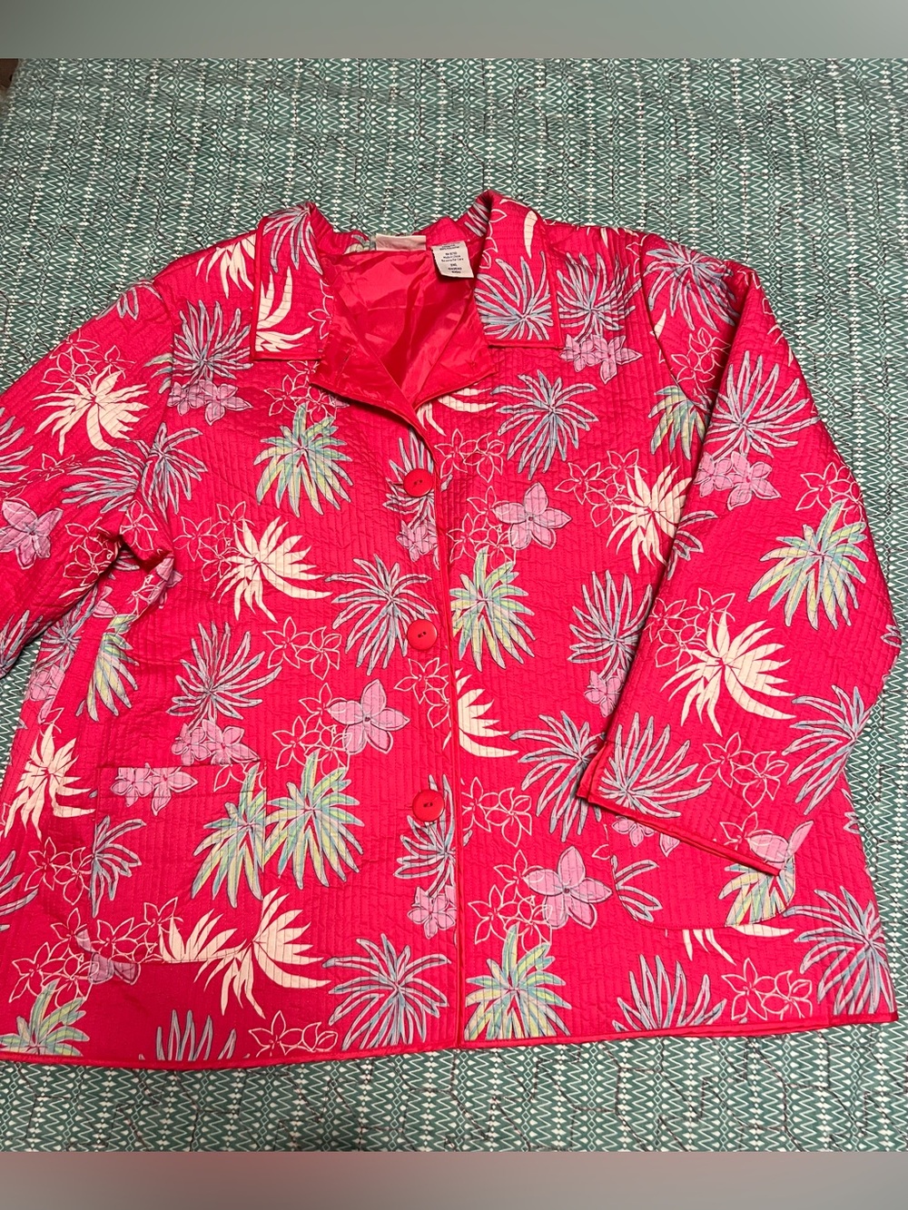 Vintage Blair Coral Pink Tropical Floral Quilted Jacket Plus Size 3XL